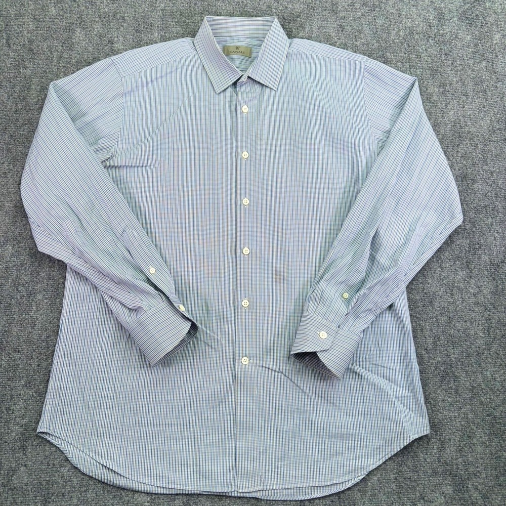 Canali Shirt Mens 43 17 Blue Checkered Dress Long‎ Sleeve Luxury taly Made STAIN